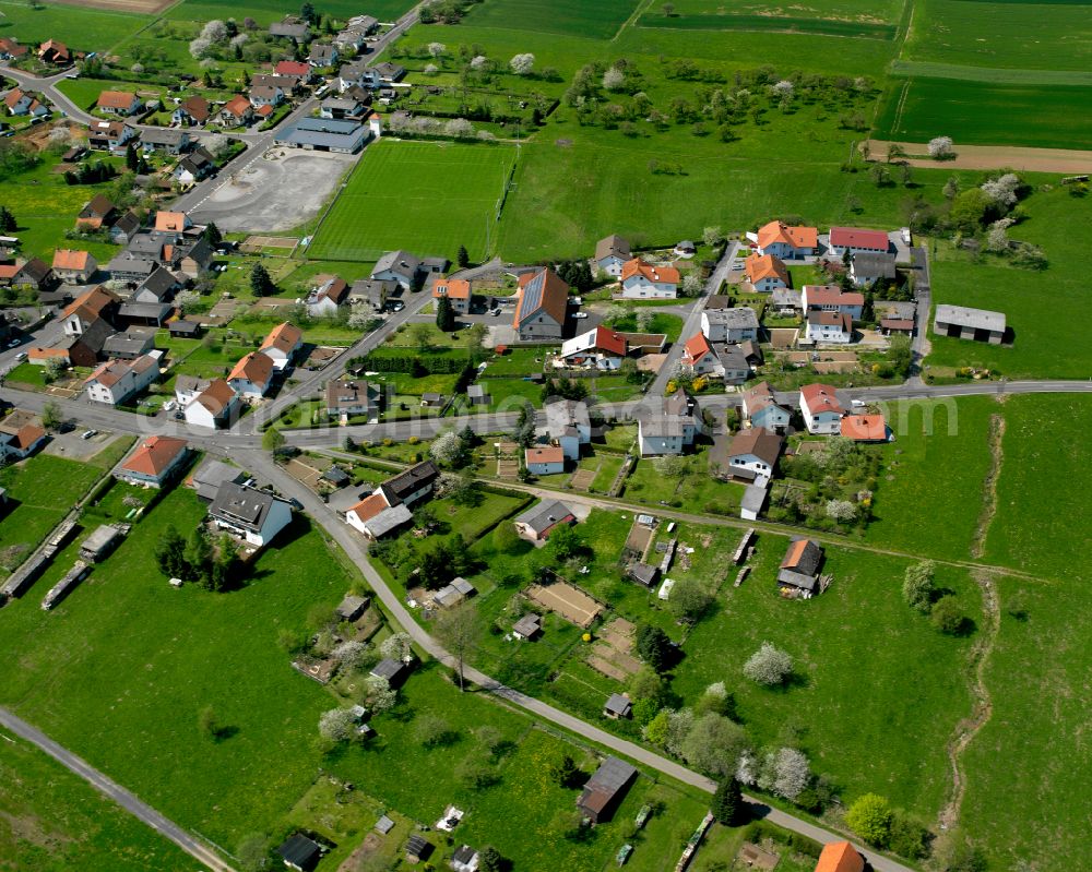 Aerial photograph Rüddingshausen - Agricultural land and field boundaries surround the settlement area of the village in Rüddingshausen in the state Hesse, Germany