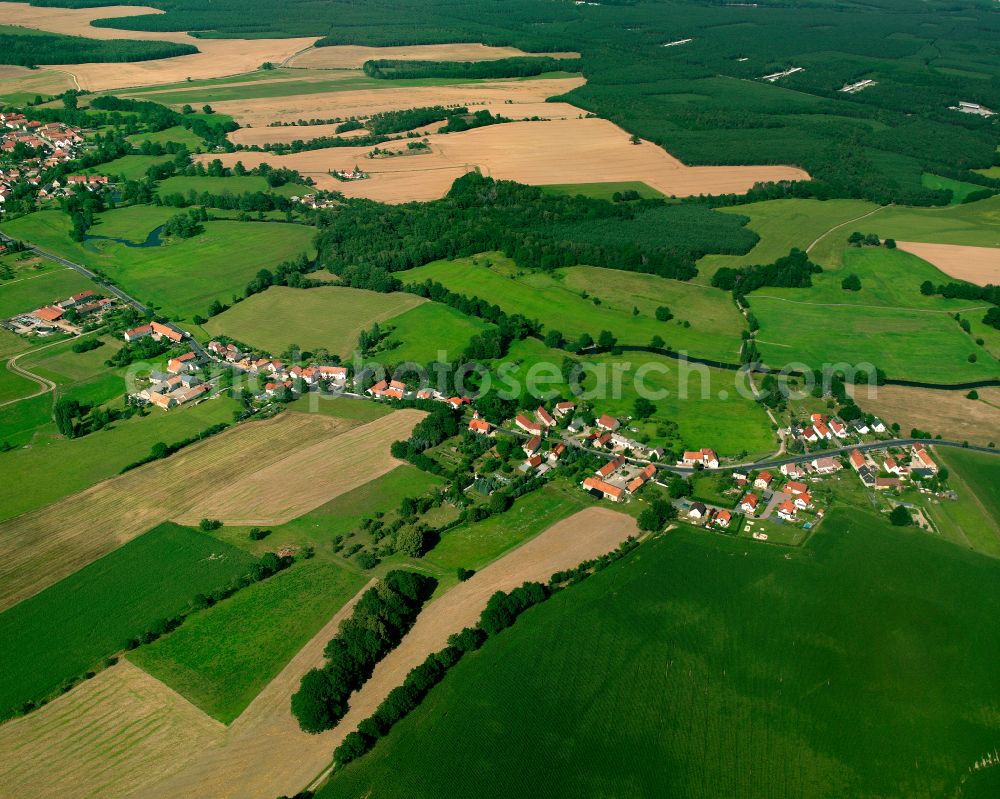 Aerial photograph Rödern - Agricultural land and field boundaries surround the settlement area of the village in Rödern in the state Saxony, Germany