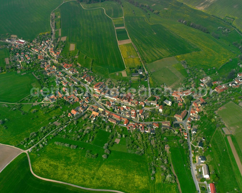 Aerial photograph Rüdersdorf - Agricultural land and field boundaries surround the settlement area of the village in Ruedersdorf in the state Thuringia, Germany