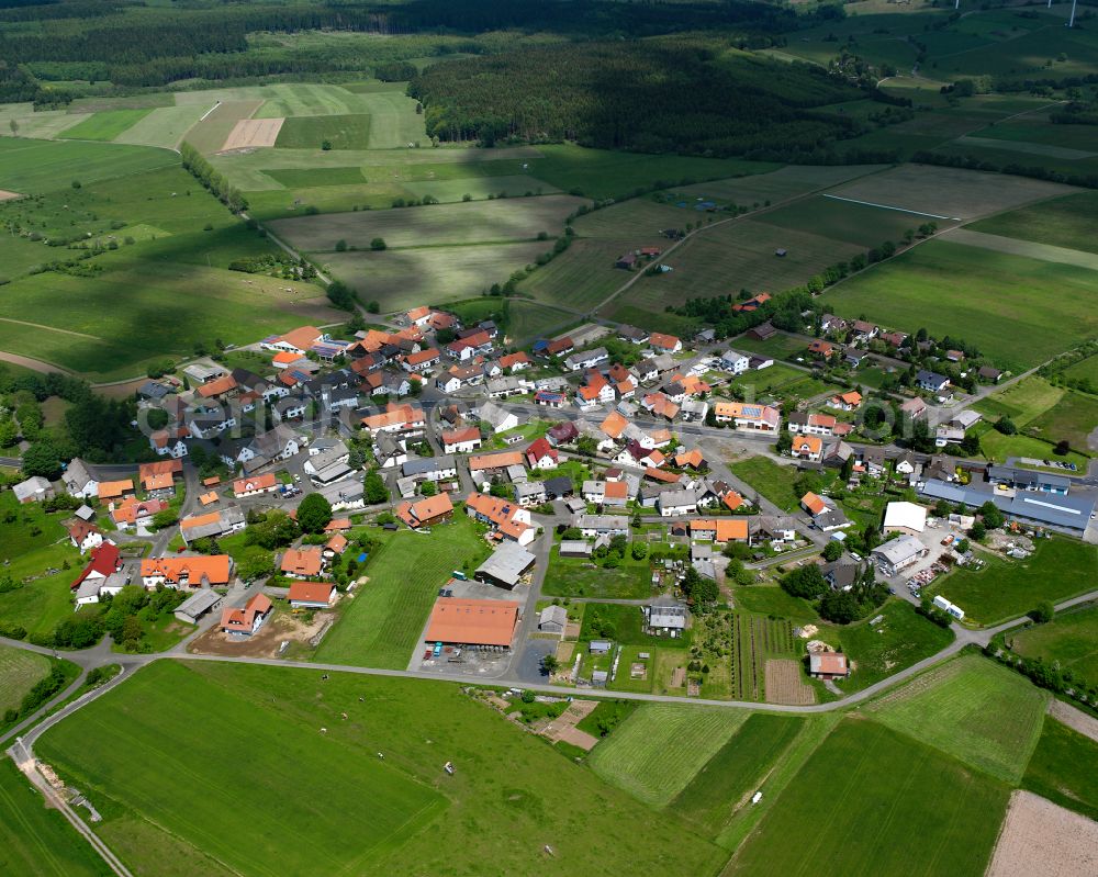 Aerial image Rebgeshain - Agricultural land and field boundaries surround the settlement area of the village in Rebgeshain in the state Hesse, Germany