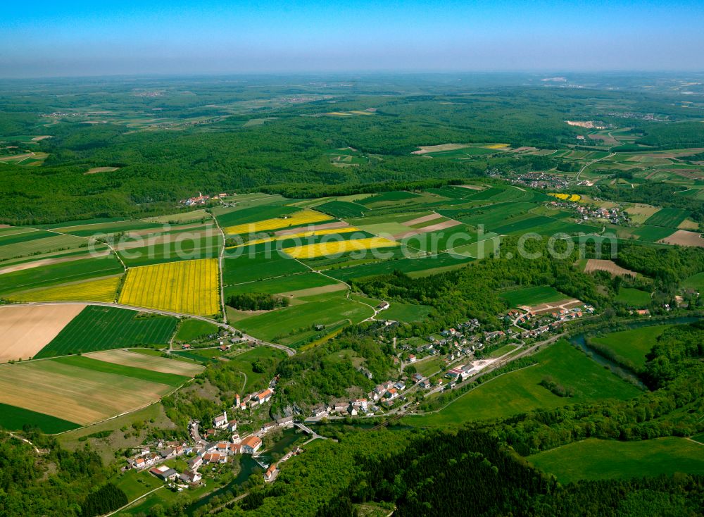 Rechtenstein from above - Agricultural land and field boundaries surround the settlement area of the village in Rechtenstein in the state Baden-Wuerttemberg, Germany