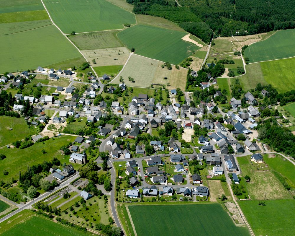 Reckershausen from above - Agricultural land and field boundaries surround the settlement area of the village in Reckershausen in the state Rhineland-Palatinate, Germany