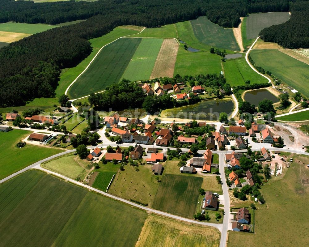 Reichenau from above - Agricultural land and field boundaries surround the settlement area of the village in Reichenau in the state Bavaria, Germany