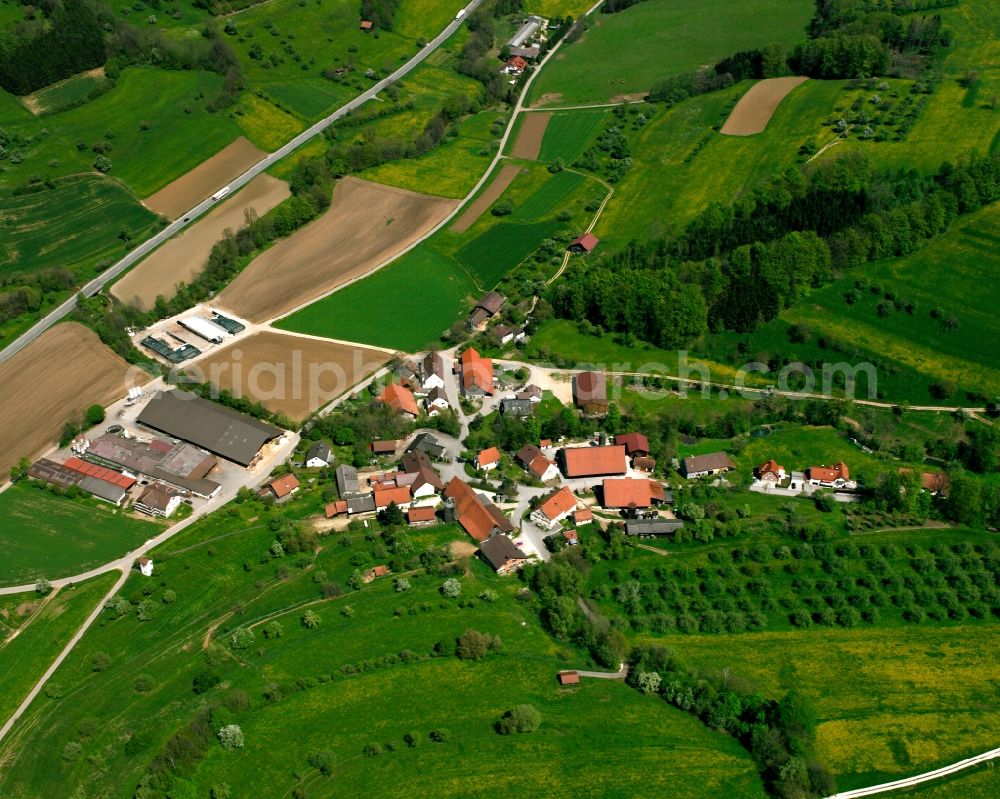 Aerial image Reichenbach - Agricultural land and field boundaries surround the settlement area of the village in Reichenbach in the state Baden-Wuerttemberg, Germany