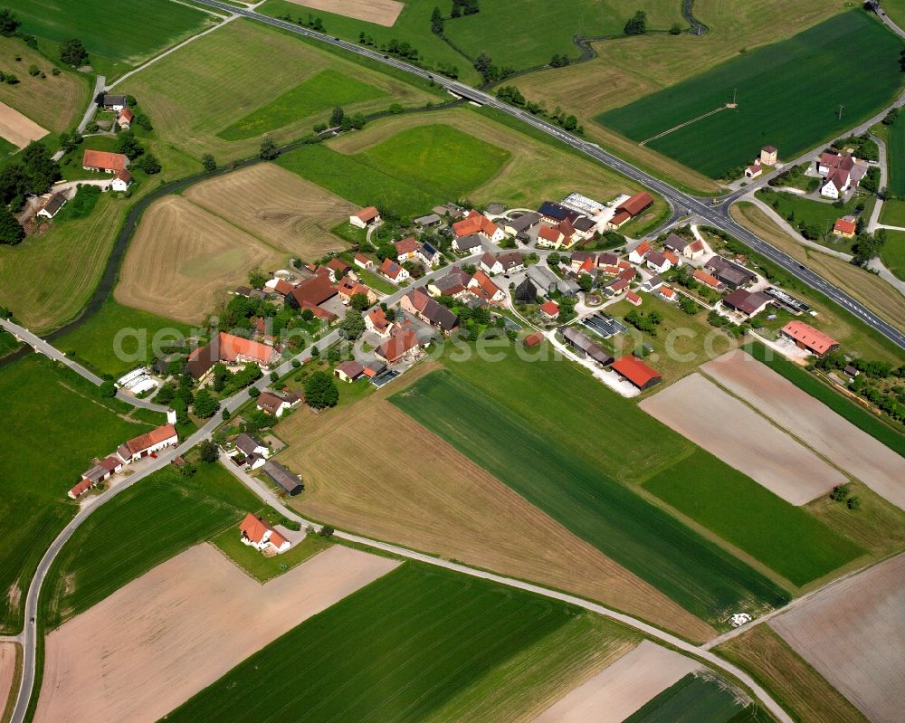 Reichenbach from the bird's eye view: Agricultural land and field boundaries surround the settlement area of the village in Reichenbach in the state Bavaria, Germany