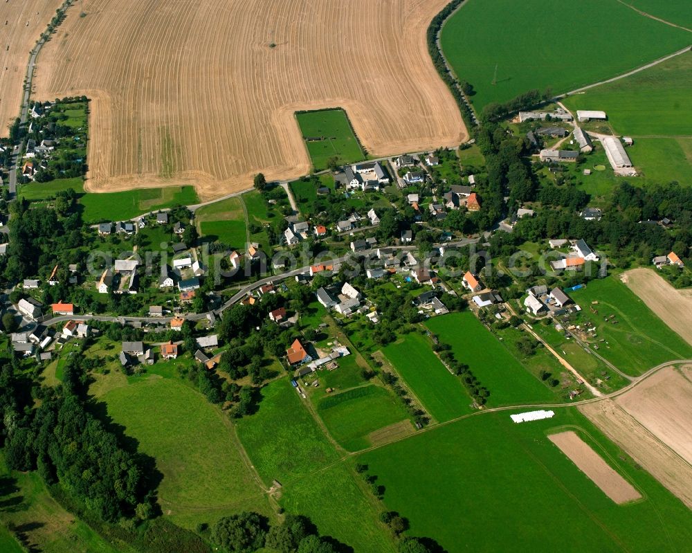 Reichenbach from the bird's eye view: Agricultural land and field boundaries surround the settlement area of the village in Reichenbach in the state Saxony, Germany