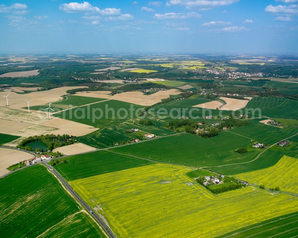 Aerial image Reichenbach - Agricultural land and field boundaries surround the settlement area of the village in Reichenbach in the state Saxony, Germany