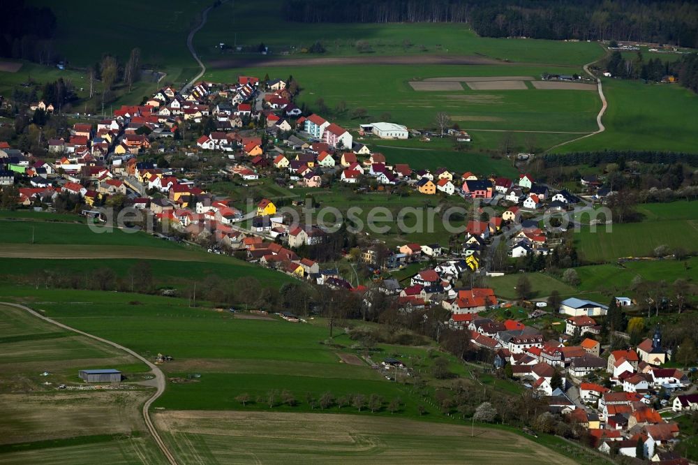 Reichenbach from above - Agricultural land and field boundaries surround the settlement area of the village in Reichenbach in the state Thuringia, Germany