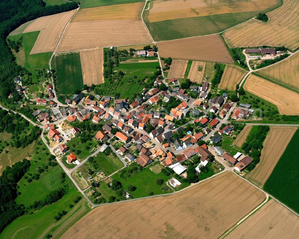 Aerial image Reichertshausen - Agricultural land and field boundaries surround the settlement area of the village in Reichertshausen in the state Baden-Wuerttemberg, Germany