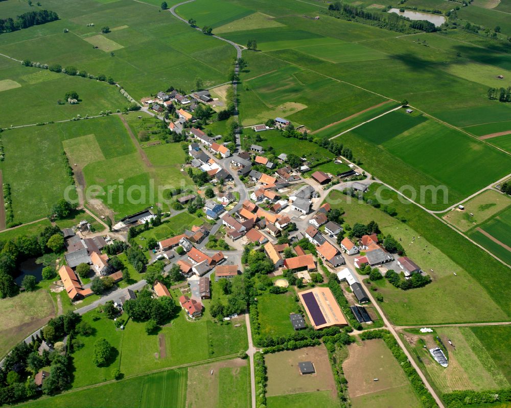 Reichlos from above - Agricultural land and field boundaries surround the settlement area of the village in Reichlos in the state Hesse, Germany