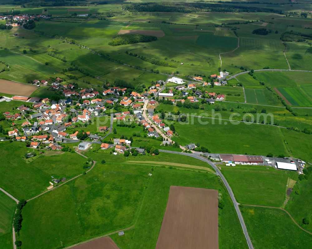 Aerial photograph Reinhards - Agricultural land and field boundaries surround the settlement area of the village in Reinhards in the state Hesse, Germany