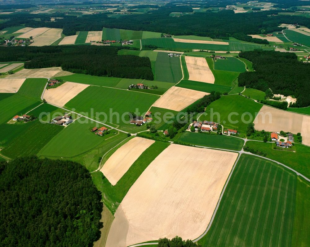 Aerial photograph Reisach - Agricultural land and field boundaries surround the settlement area of the village in Reisach in the state Bavaria, Germany