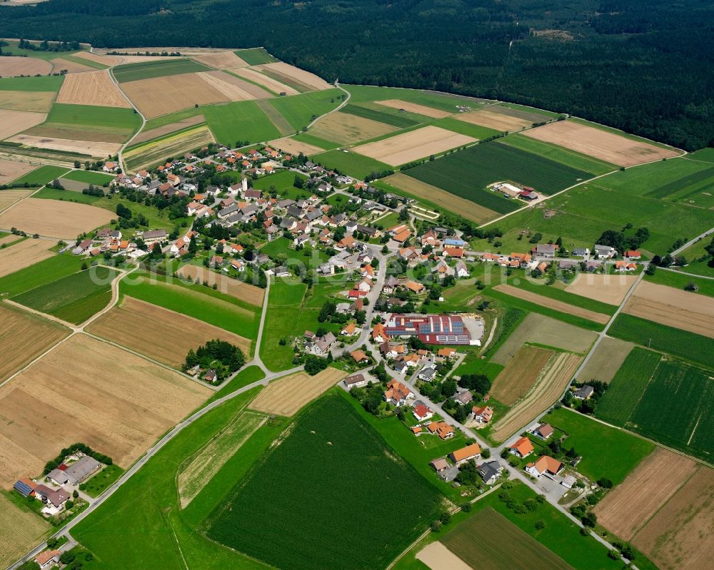 Rengetsweiler from above - Agricultural land and field boundaries surround the settlement area of the village in Rengetsweiler in the state Baden-Wuerttemberg, Germany