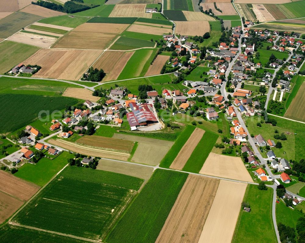 Aerial image Rengetsweiler - Agricultural land and field boundaries surround the settlement area of the village in Rengetsweiler in the state Baden-Wuerttemberg, Germany