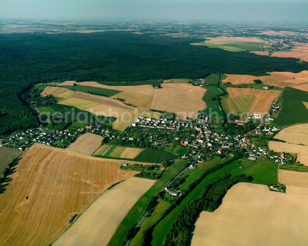 Reudnitz from above - Agricultural land and field boundaries surround the settlement area of the village in Reudnitz in the state Thuringia, Germany