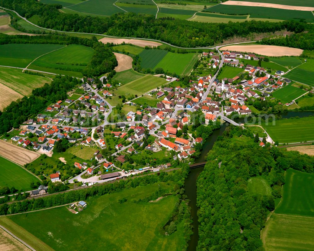 Riedlingen from the bird's eye view: Agricultural land and field boundaries surround the settlement area of the village in Riedlingen in the state Baden-Wuerttemberg, Germany