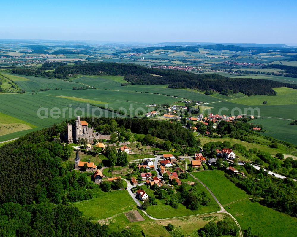 Aerial photograph Rimbach - Agricultural land and field boundaries surround the settlement area of the village in Rimbach in the state Thuringia, Germany