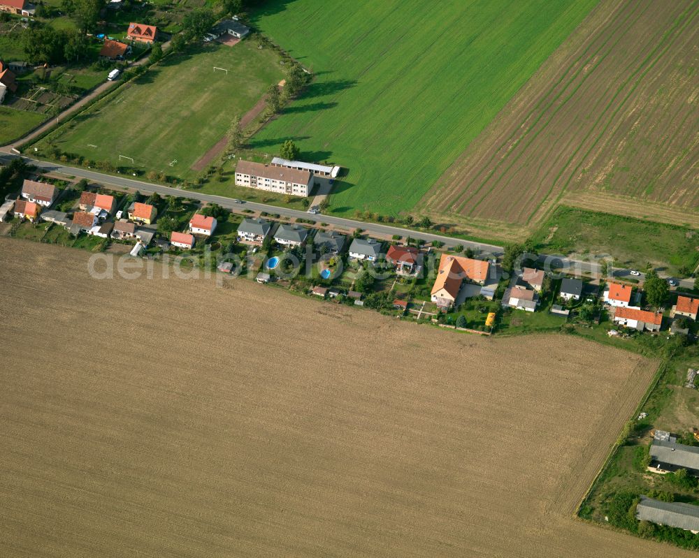 Aerial photograph Rimbeck - Agricultural land and field boundaries surround the settlement area of the village in Rimbeck in the state Saxony-Anhalt, Germany