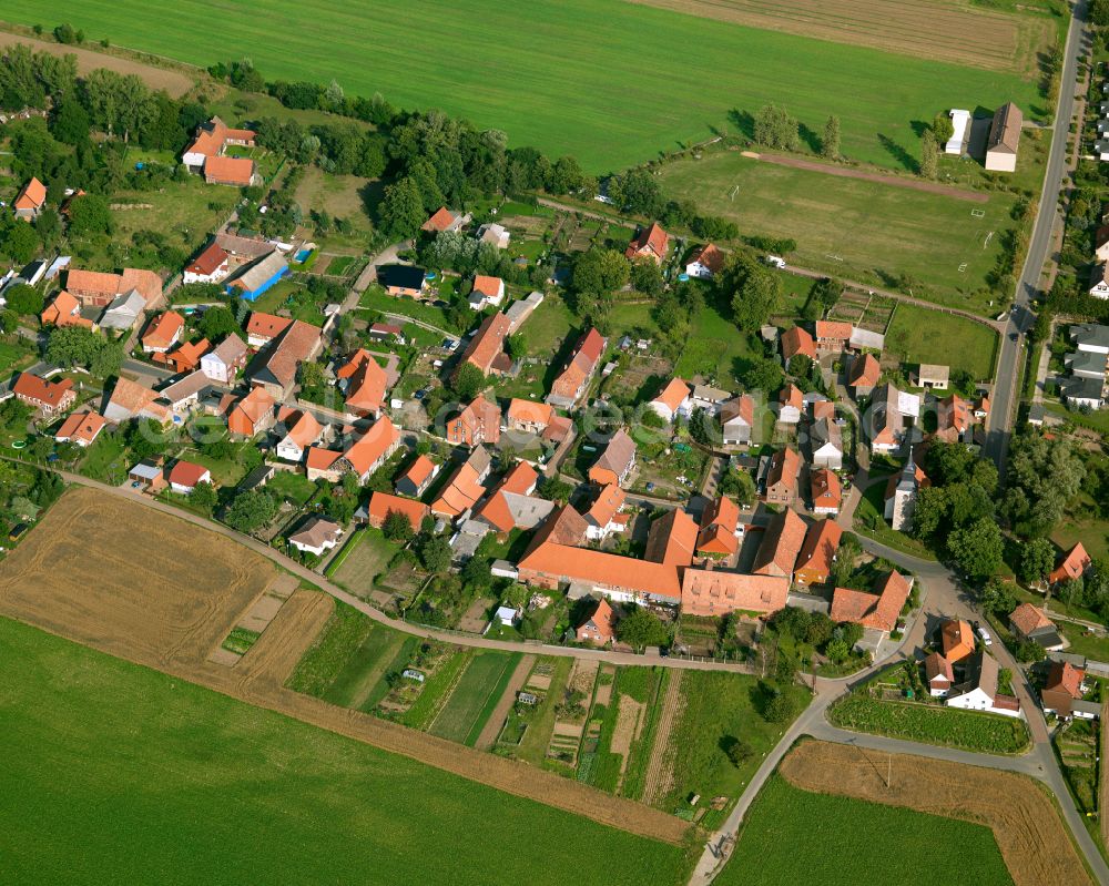 Rimbeck from the bird's eye view: Agricultural land and field boundaries surround the settlement area of the village in Rimbeck in the state Saxony-Anhalt, Germany