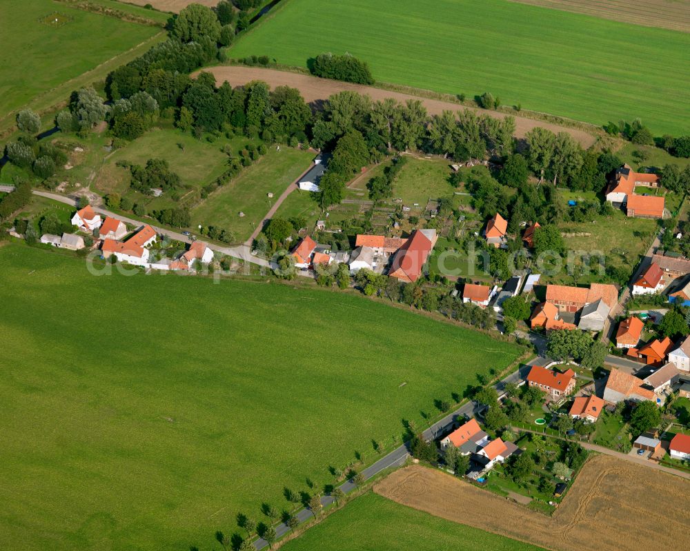 Aerial image Rimbeck - Agricultural land and field boundaries surround the settlement area of the village in Rimbeck in the state Saxony-Anhalt, Germany