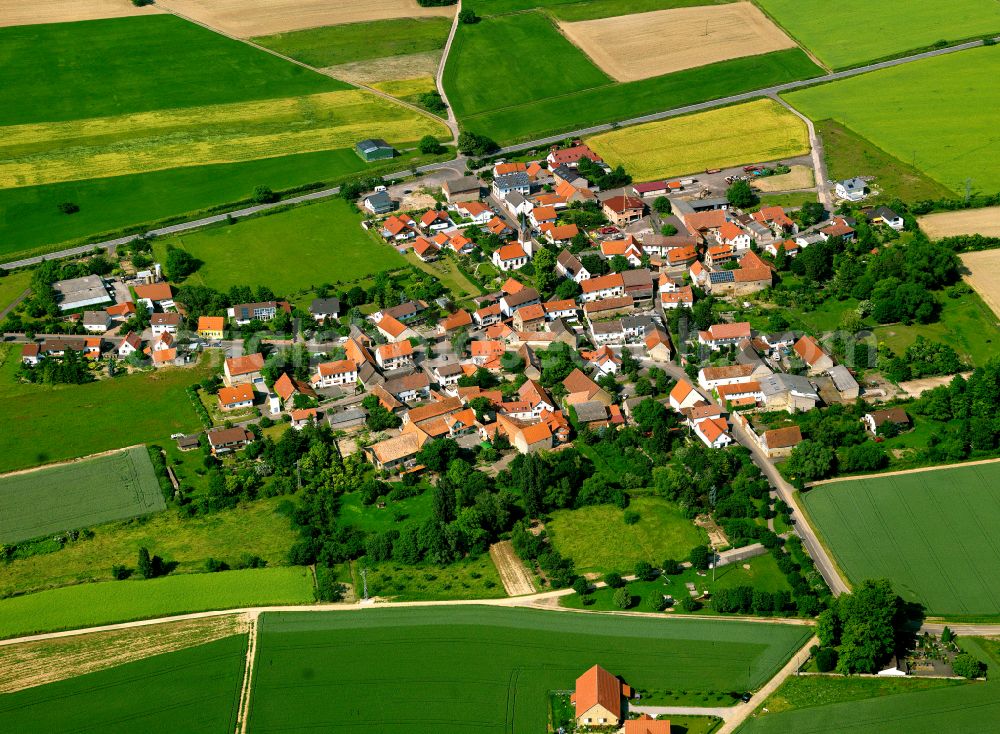 Rittersheim from above - Agricultural land and field boundaries surround the settlement area of the village in Rittersheim in the state Rhineland-Palatinate, Germany