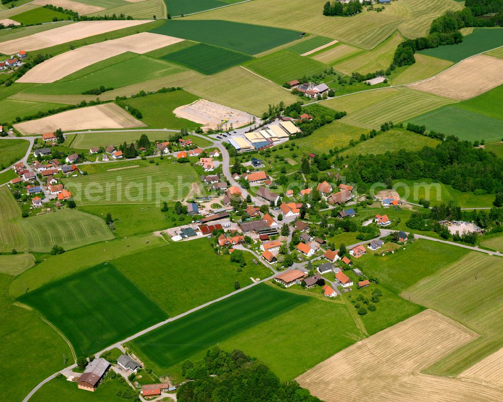 Ritzenweiler from above - Agricultural land and field boundaries surround the settlement area of the village in Ritzenweiler in the state Baden-Wuerttemberg, Germany