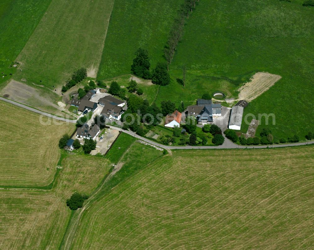 Rönsahl from above - Agricultural land and field boundaries surround the settlement area of the village in Rönsahl in the state North Rhine-Westphalia, Germany