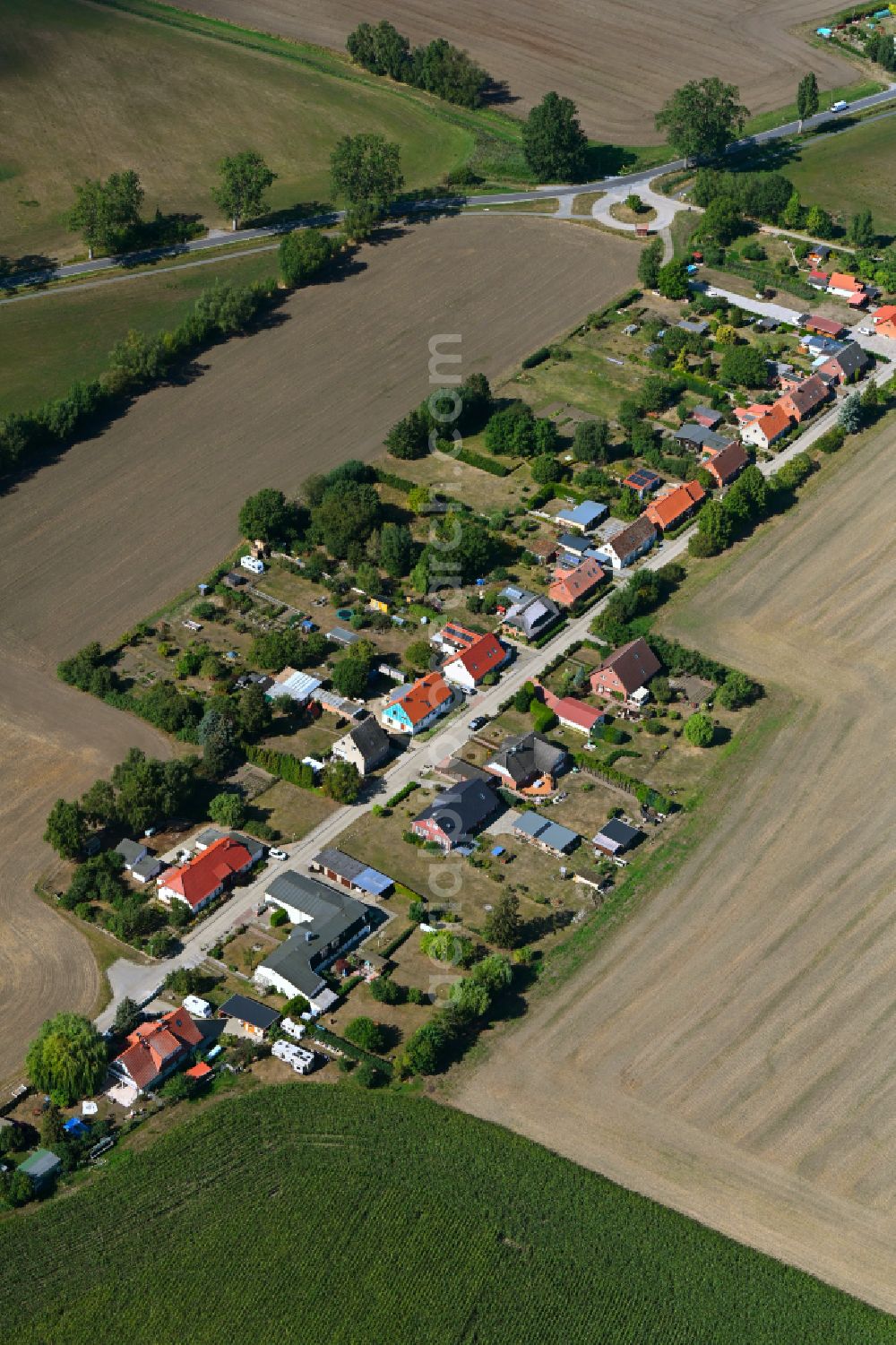 Robertsdorf from the bird's eye view: Agricultural land and field boundaries surround the settlement area of the village in Robertsdorf in the state Mecklenburg - Western Pomerania, Germany