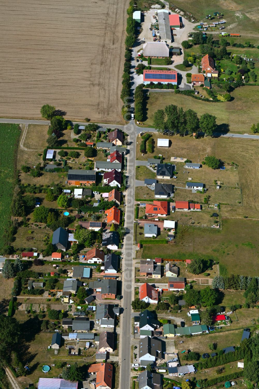 Robertsdorf from above - Agricultural land and field boundaries surround the settlement area of the village in Robertsdorf in the state Mecklenburg - Western Pomerania, Germany