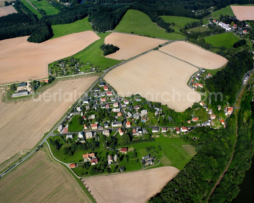 Rochsburg from the bird's eye view: Agricultural land and field boundaries surround the settlement area of the village in Rochsburg in the state Saxony, Germany