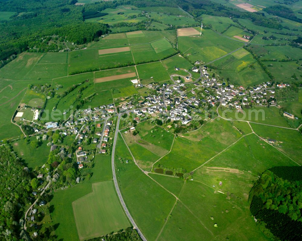 Rodenroth from above - Agricultural land and field boundaries surround the settlement area of the village in Rodenroth in the state Hesse, Germany