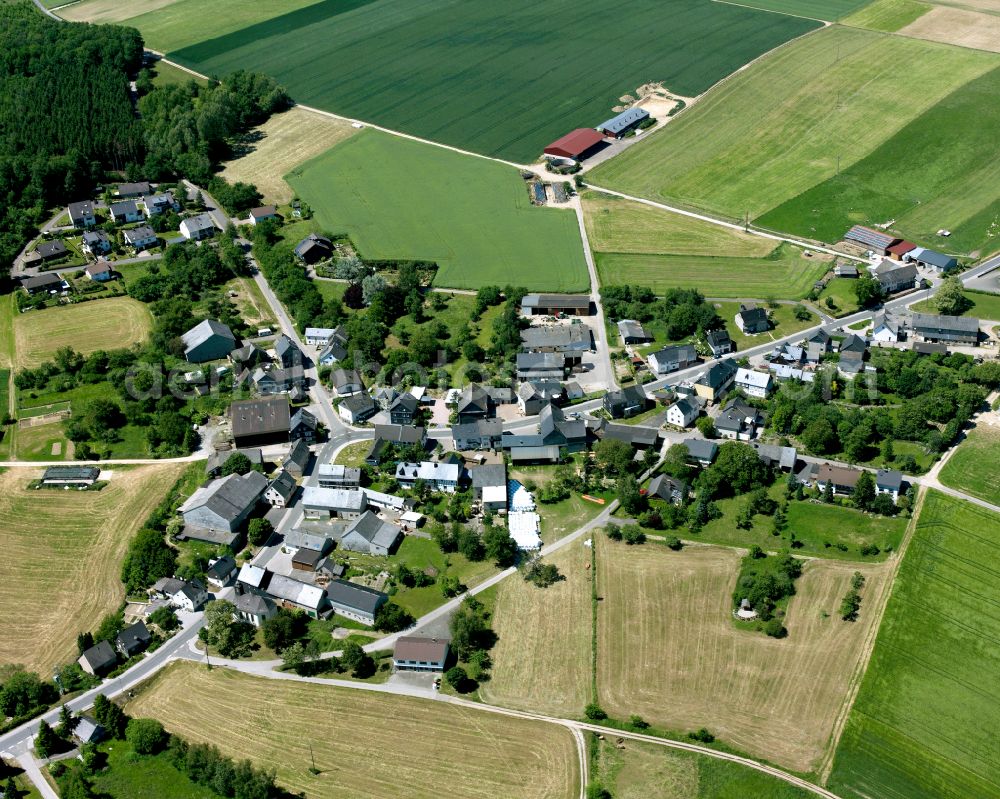 Rohrbach from the bird's eye view: Agricultural land and field boundaries surround the settlement area of the village in Rohrbach in the state Rhineland-Palatinate, Germany