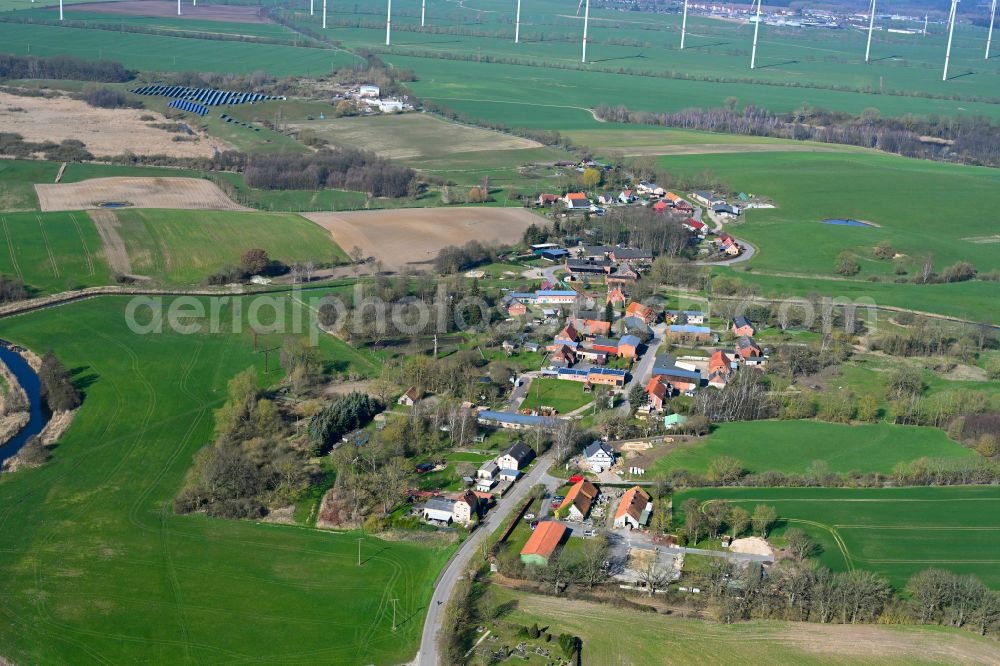 Rom from above - Agricultural land and field boundaries surround the settlement area of the village in Rome in the state Mecklenburg - Western Pomerania, Germany