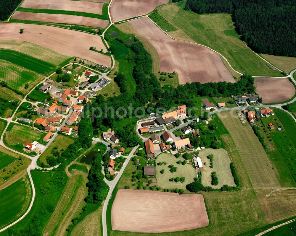 Rosenbach from above - Agricultural land and field boundaries surround the settlement area of the village in Rosenbach in the state Bavaria, Germany