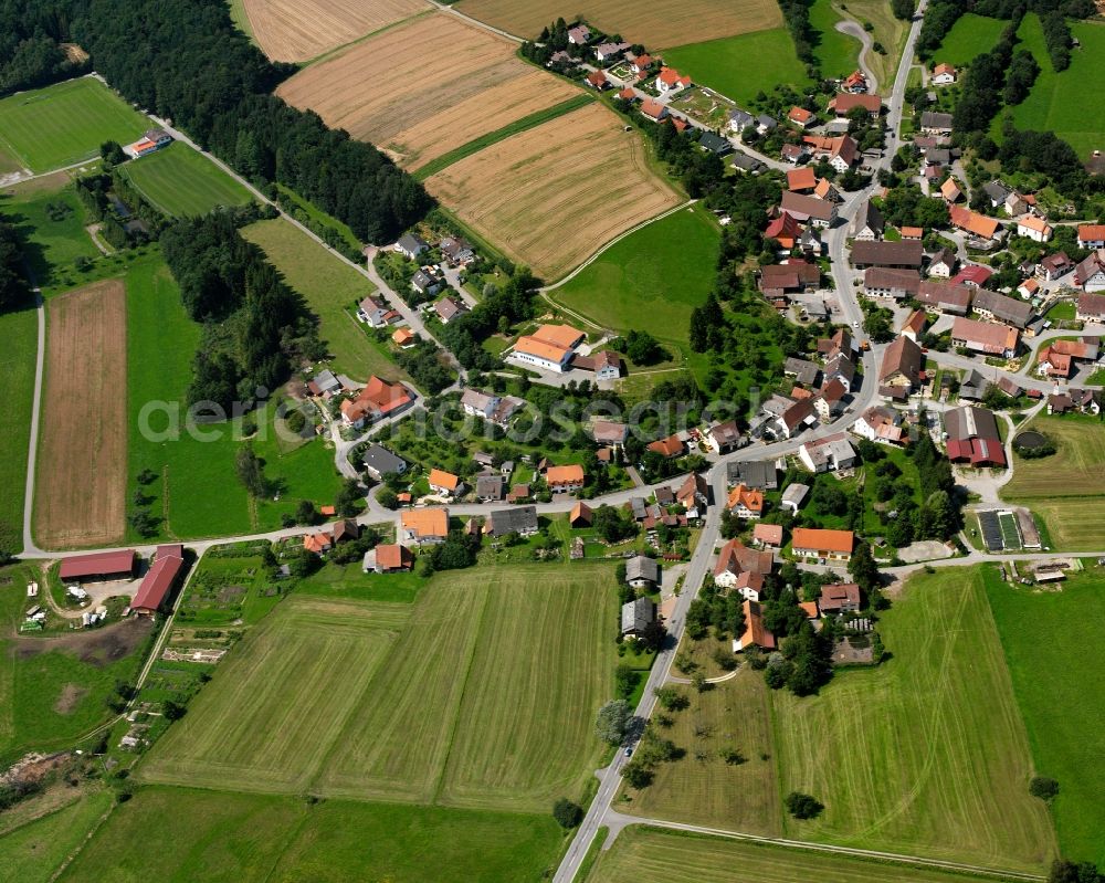 Rosna from the bird's eye view: Agricultural land and field boundaries surround the settlement area of the village in Rosna in the state Baden-Wuerttemberg, Germany