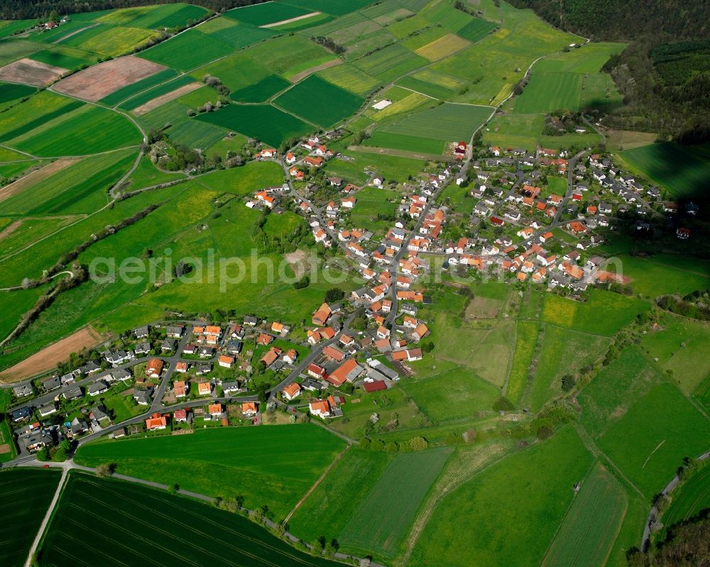 Aerial image Rotensee - Agricultural land and field boundaries surround the settlement area of the village in Rotensee in the state Hesse, Germany