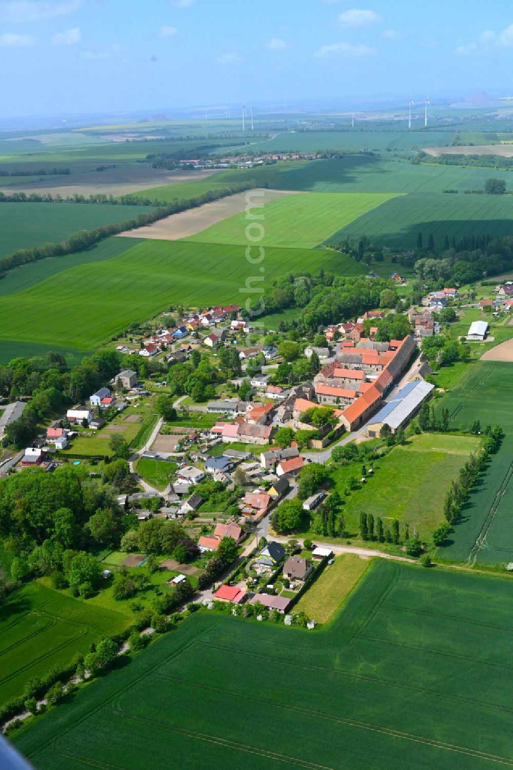 Aerial photograph Rottelsdorf - Agricultural land and field boundaries surround the settlement area of the village in Rottelsdorf in the state Saxony-Anhalt, Germany