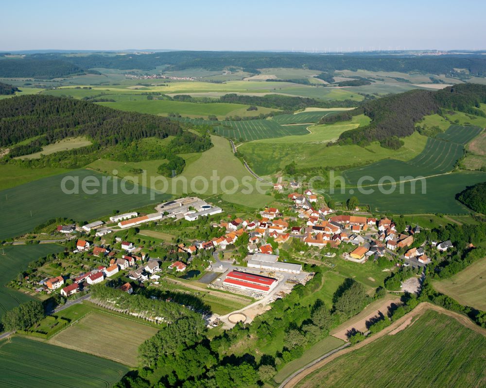 Rüstungen from above - Agricultural land and field boundaries surround the settlement area of the village in Rüstungen in the state Thuringia, Germany