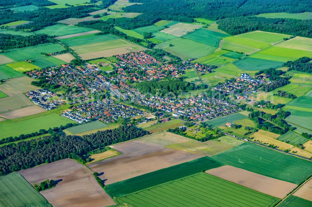 Aerial photograph Rötgesbüttel - Agricultural land and field boundaries surround the settlement area of the village Roetgesbuettel on street B4 in Roetgesbuettel in the state Lower Saxony, Germany