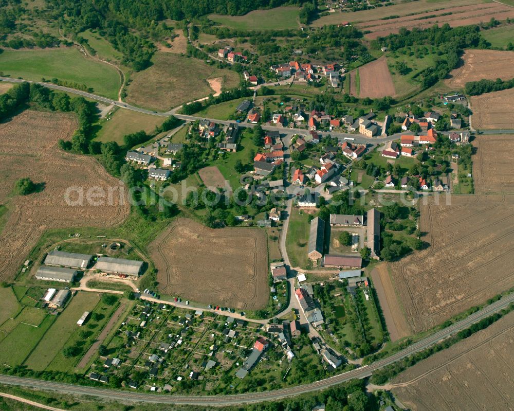 Rubitz from above - Agricultural land and field boundaries surround the settlement area of the village in Rubitz in the state Thuringia, Germany