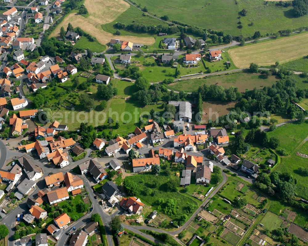 Rudingshain from above - Agricultural land and field boundaries surround the settlement area of the village in Rudingshain in the state Hesse, Germany