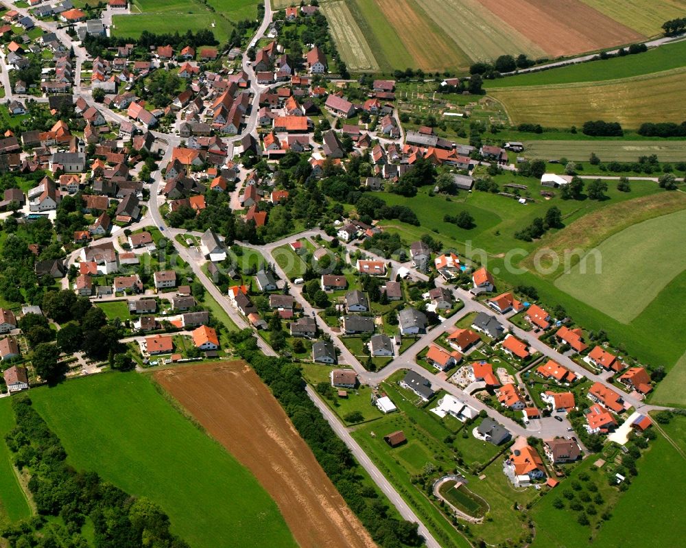 Rulfingen from above - Agricultural land and field boundaries surround the settlement area of the village in Rulfingen in the state Baden-Wuerttemberg, Germany