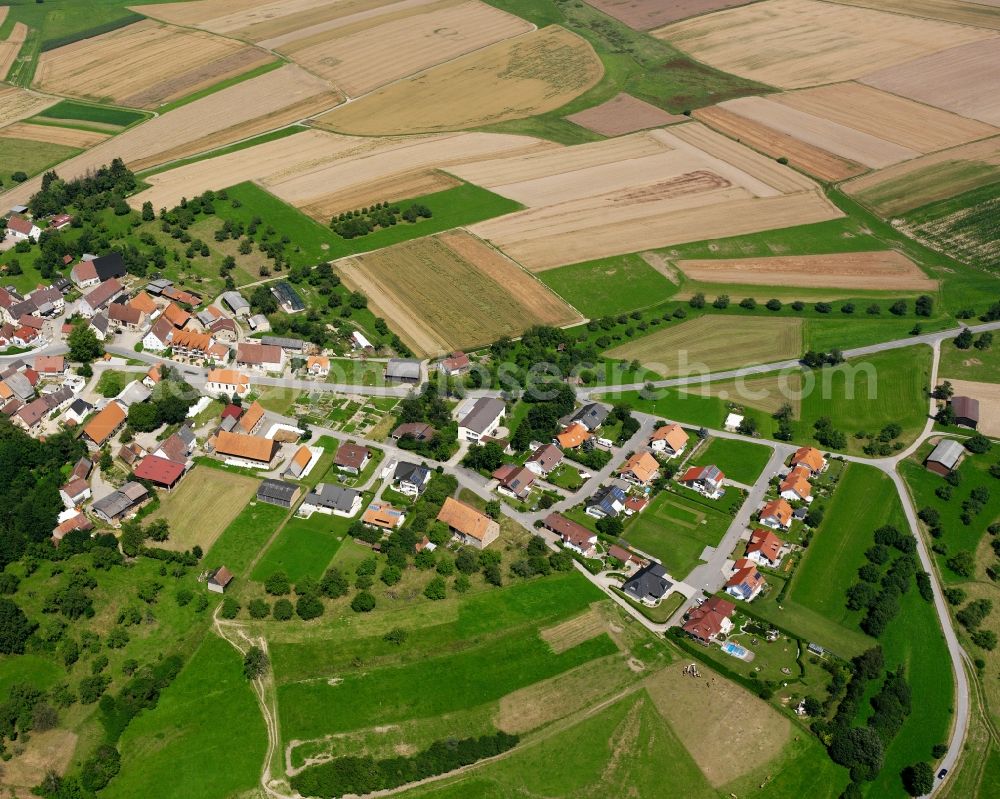 Rulfingen from above - Agricultural land and field boundaries surround the settlement area of the village in Rulfingen in the state Baden-Wuerttemberg, Germany