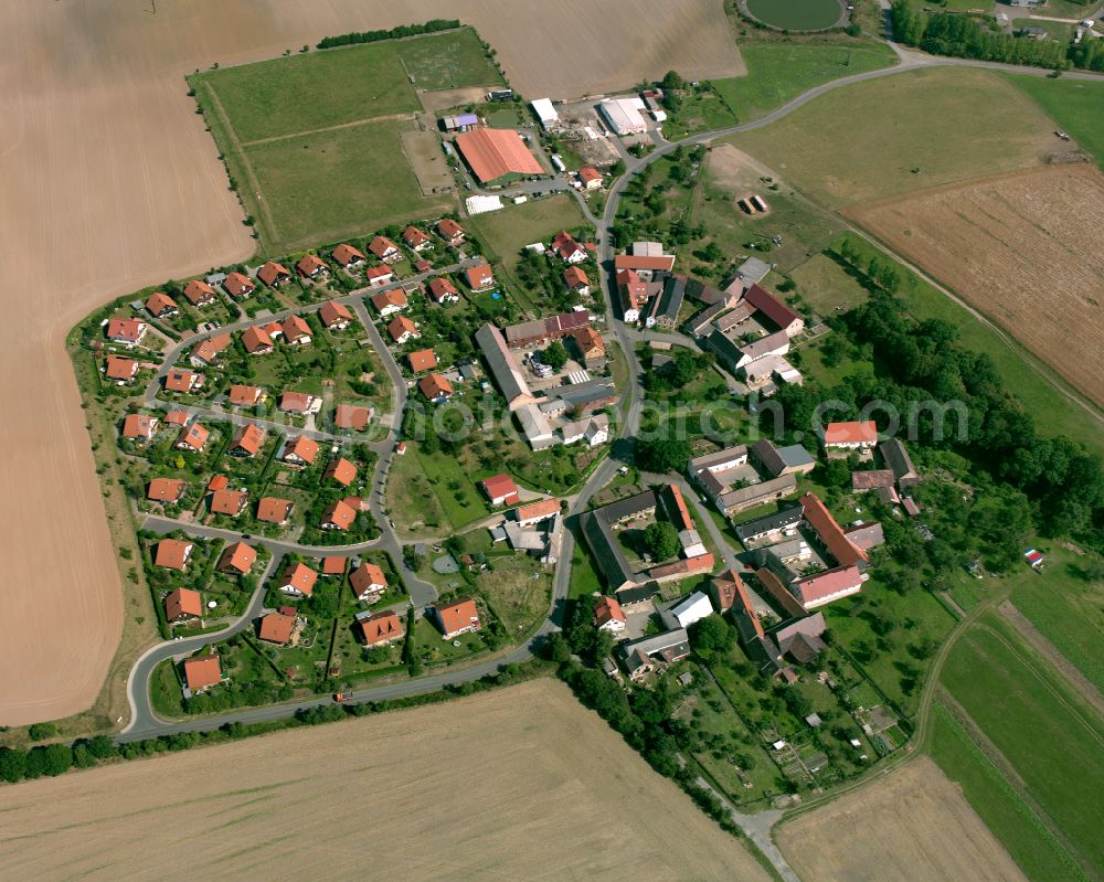 Aerial image Rusitz - Agricultural land and field boundaries surround the settlement area of the village in Rusitz in the state Thuringia, Germany