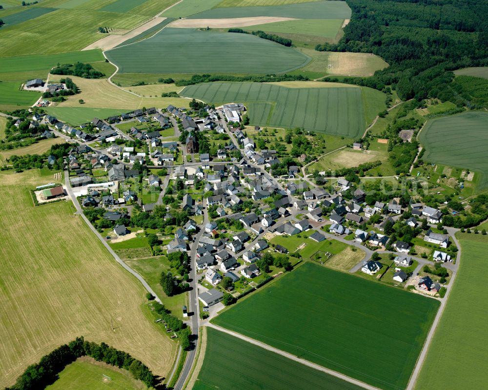 Sabershausen from the bird's eye view: Agricultural land and field boundaries surround the settlement area of the village in Sabershausen in the state Rhineland-Palatinate, Germany