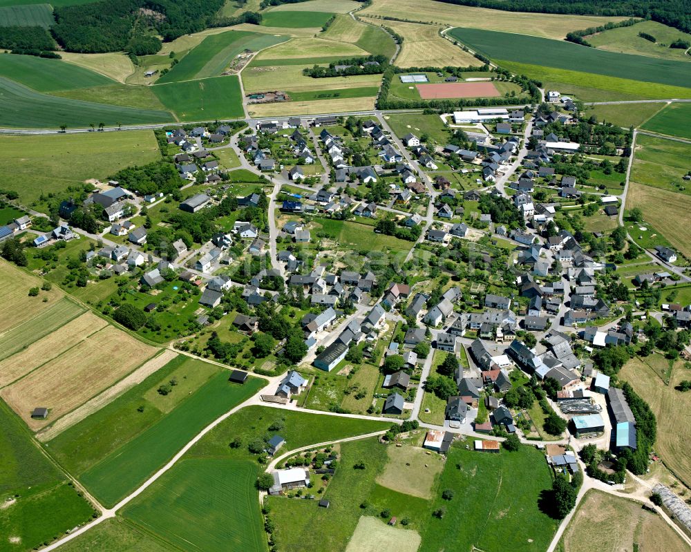 Sargenroth from above - Agricultural land and field boundaries surround the settlement area of the village in Sargenroth in the state Rhineland-Palatinate, Germany