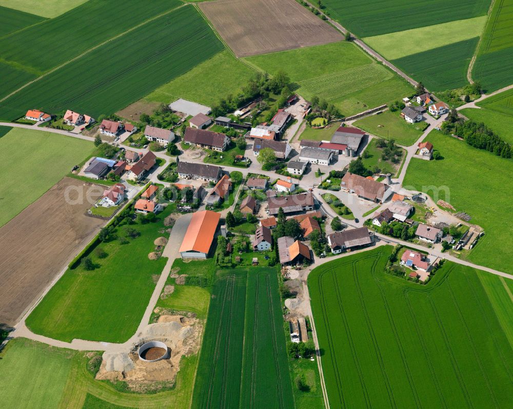 Sattenbeuren from the bird's eye view: Agricultural land and field boundaries surround the settlement area of the village in Sattenbeuren in the state Baden-Wuerttemberg, Germany