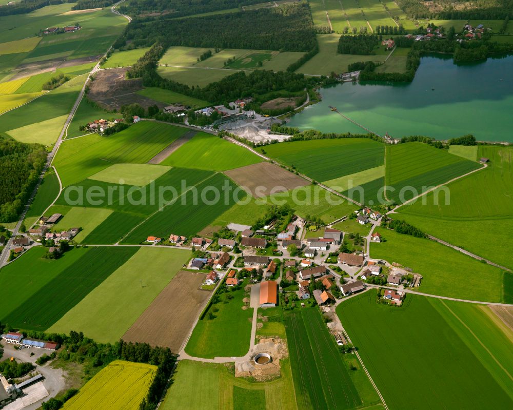 Aerial image Sattenbeuren - Agricultural land and field boundaries surround the settlement area of the village in Sattenbeuren in the state Baden-Wuerttemberg, Germany