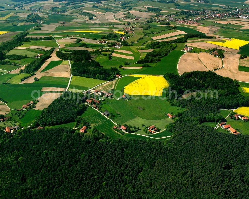 Schacha from the bird's eye view: Agricultural land and field boundaries surround the settlement area of the village in Schacha in the state Bavaria, Germany