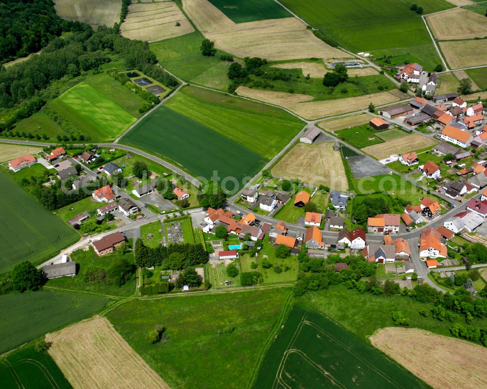 Schadenbach from the bird's eye view: Agricultural land and field boundaries surround the settlement area of the village in Schadenbach in the state Hesse, Germany